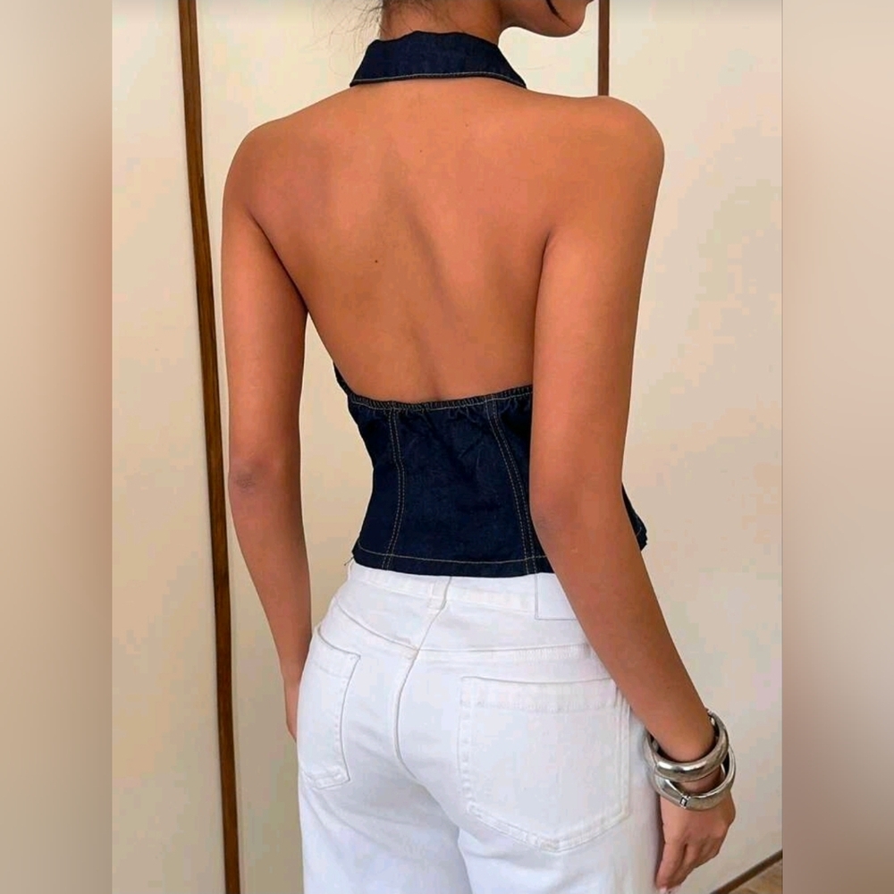 Dark Blue Denim Halter Ruffle Front Top - Picture 2 of 8